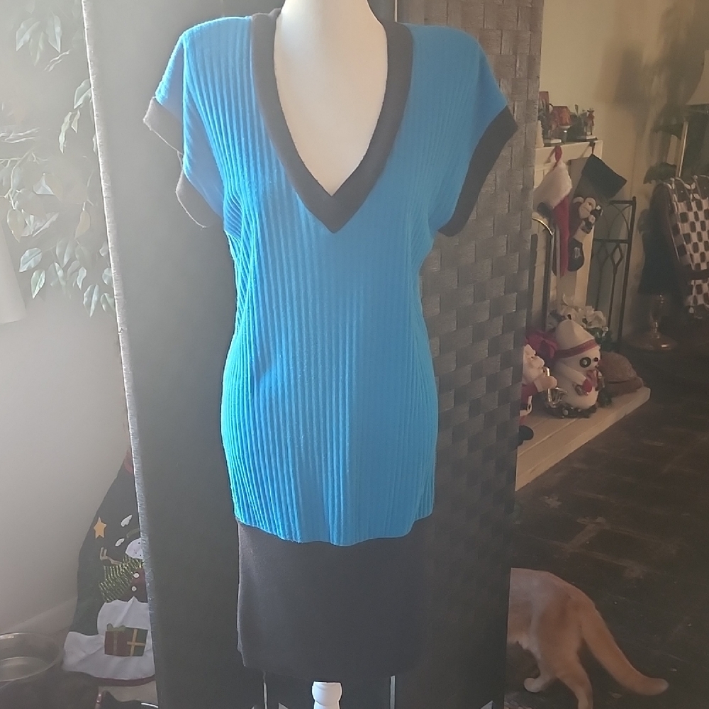 Vintage Milano V-Neck Blue and Black Mini Dress